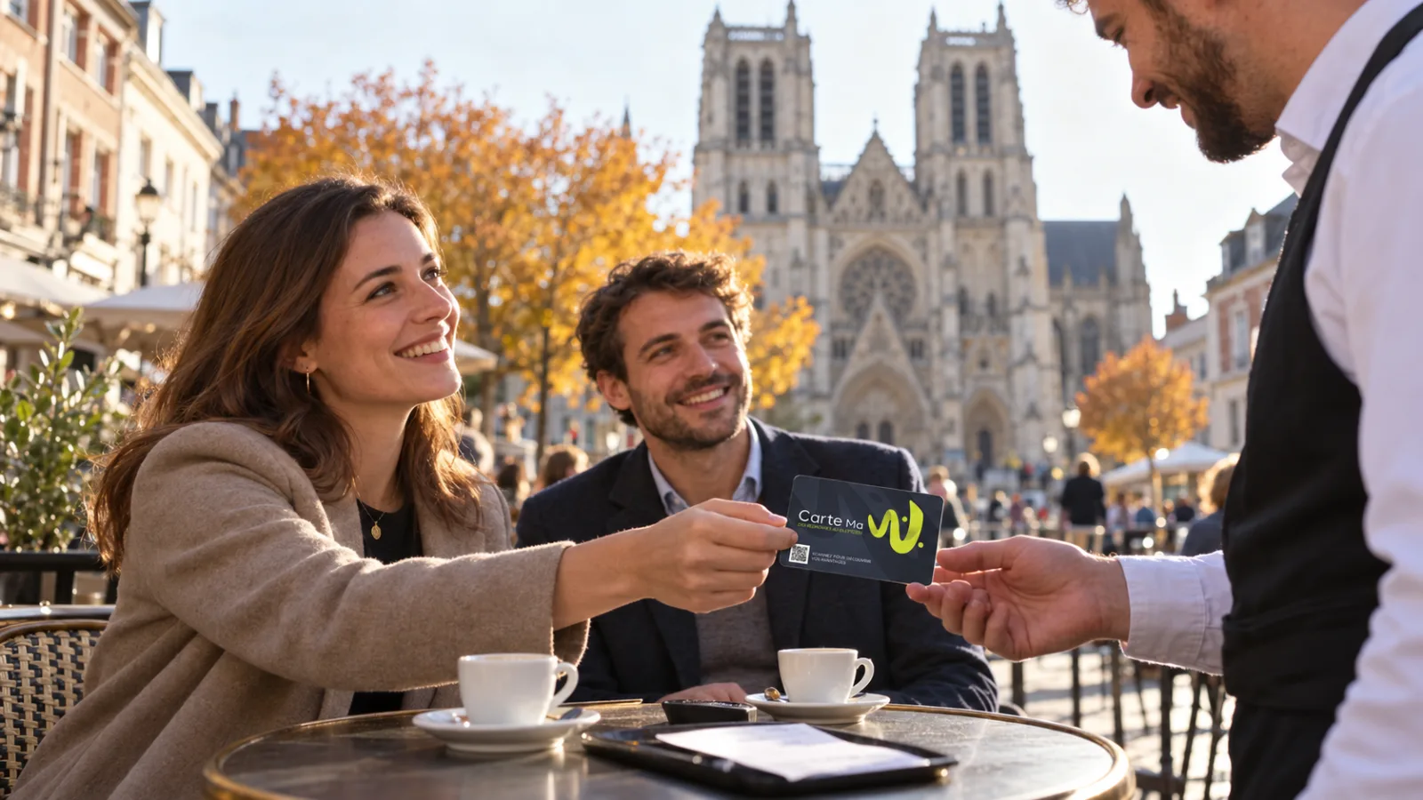 Collègues réglant avec la Carte Ma W en terrasse à Abbeville, devant la collégiale Saint-Vulfran