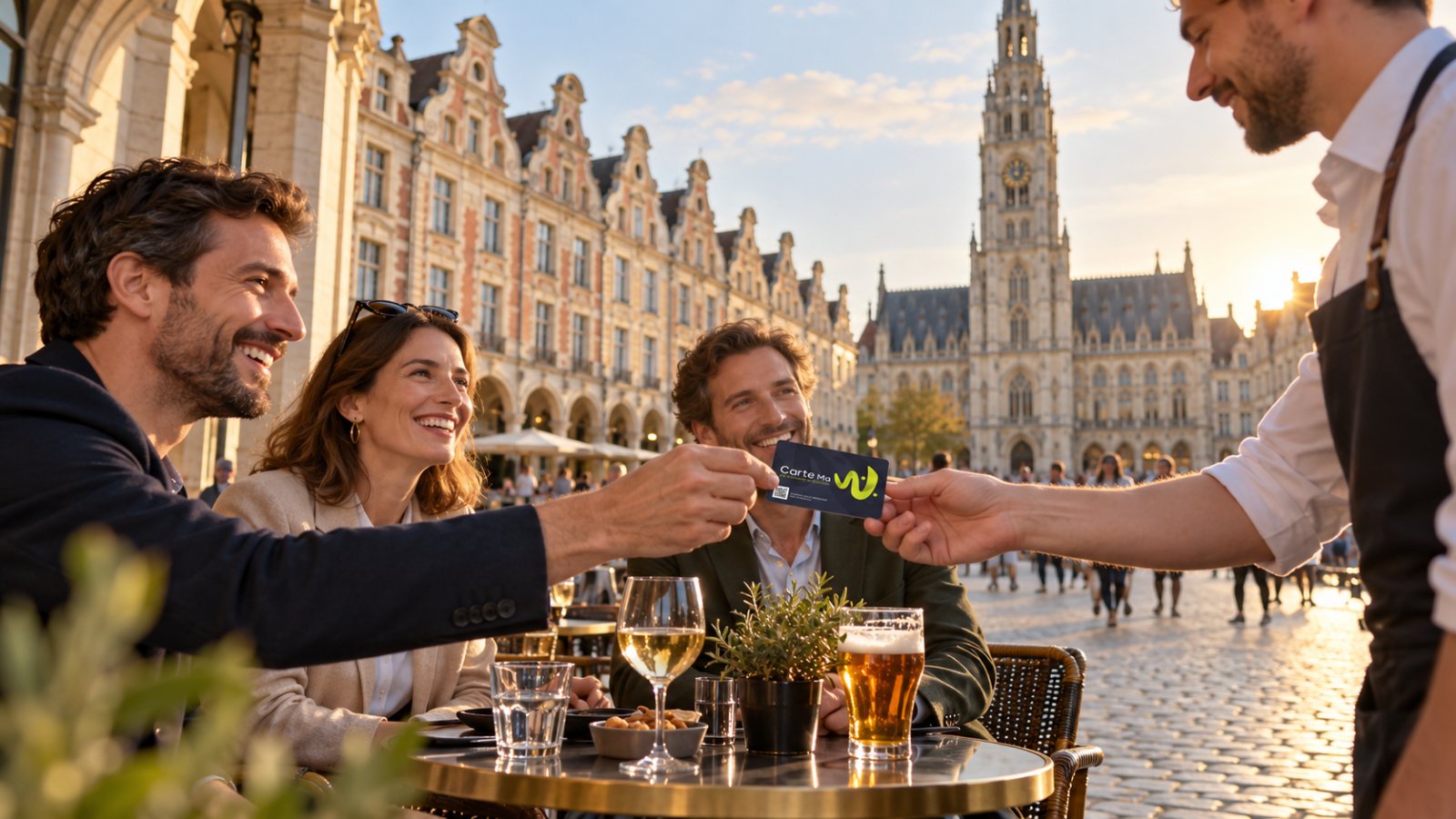 Collègues réglant avec la Carte Ma W en terrasse sous les arcades de la Place des Héros à Arras