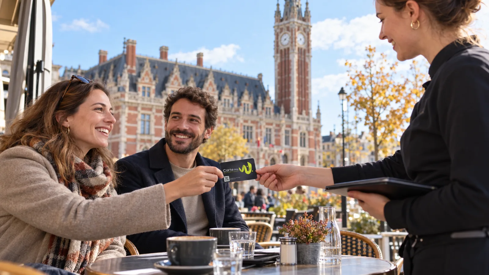 Collègues réglant avec la Carte Ma W en terrasse dans le centre de Calais, devant l'hôtel de ville et son beffroi