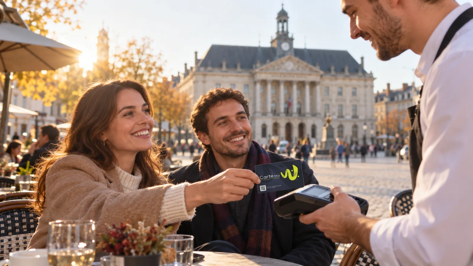 Collègues réglant avec la Carte Ma W en terrasse sur la Grand'Place de Cambrai, devant l'hôtel de ville