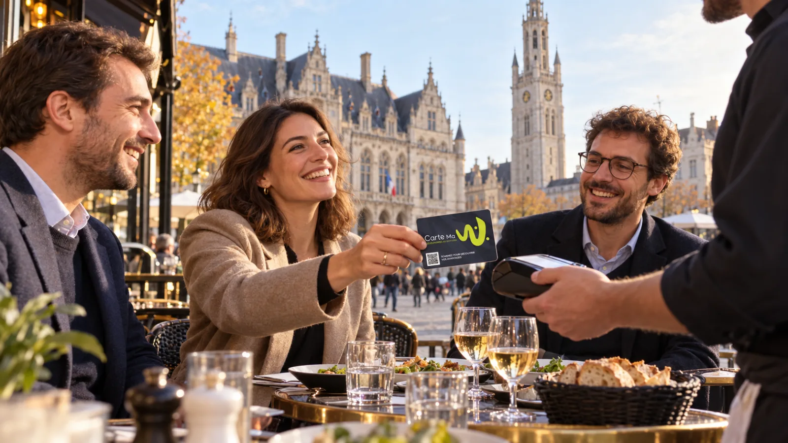 Collègues réglant avec la Carte Ma W en terrasse sur la place d'Armes de Douai, devant le beffroi