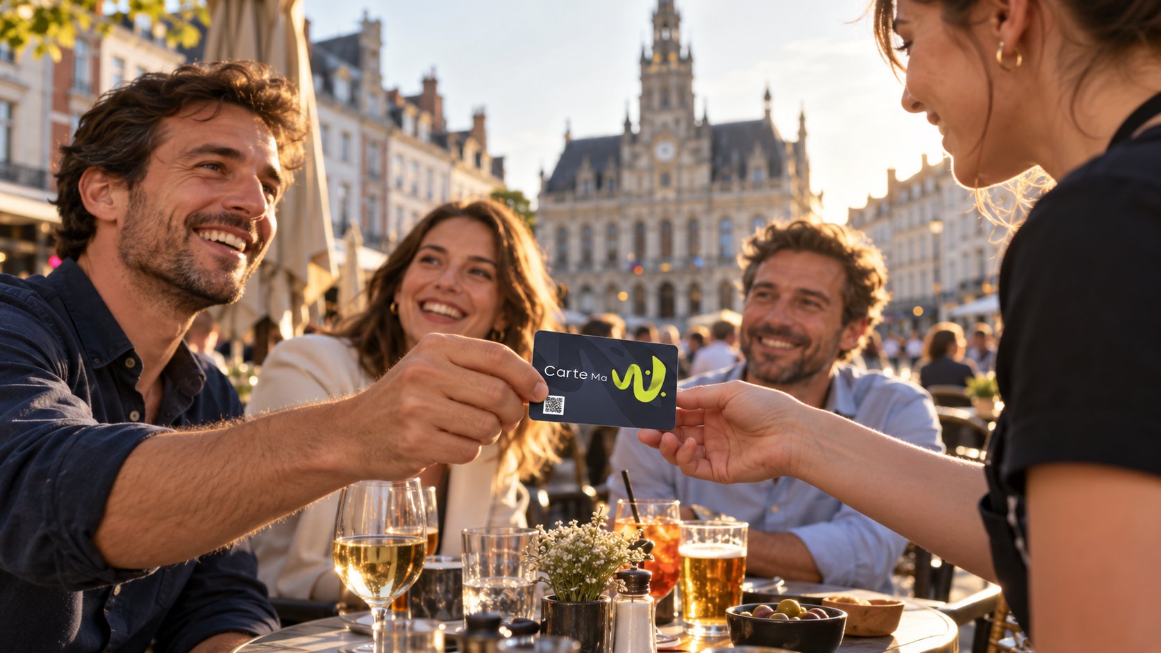 Collègues réglant avec la Carte Ma W en terrasse sur la Place d’Armes de Valenciennes