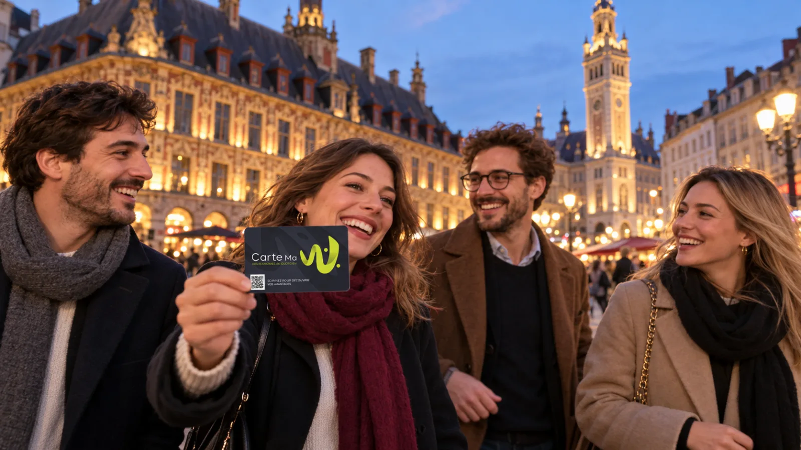 Collègues partant en sortie sur la Grand'Place de Lille, devant la Vieille Bourse, avec la Carte Ma W