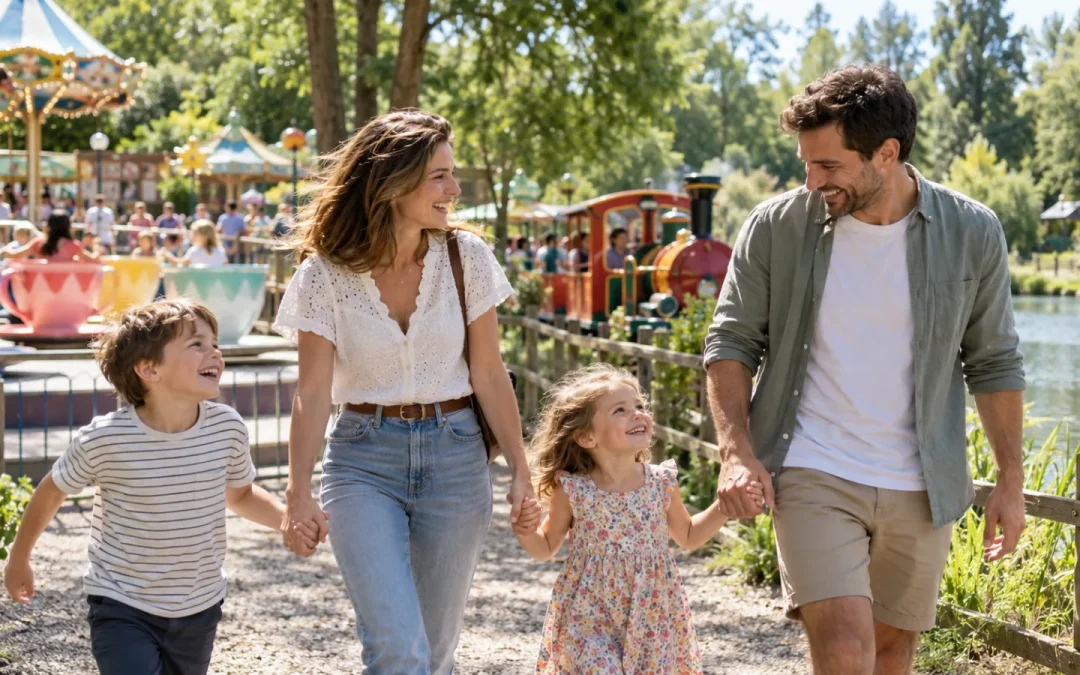 Famille avec deux enfants en balade dans un parc de loisirs familial verdoyant du Pas-de-Calais, manèges et étang en arrière-plan