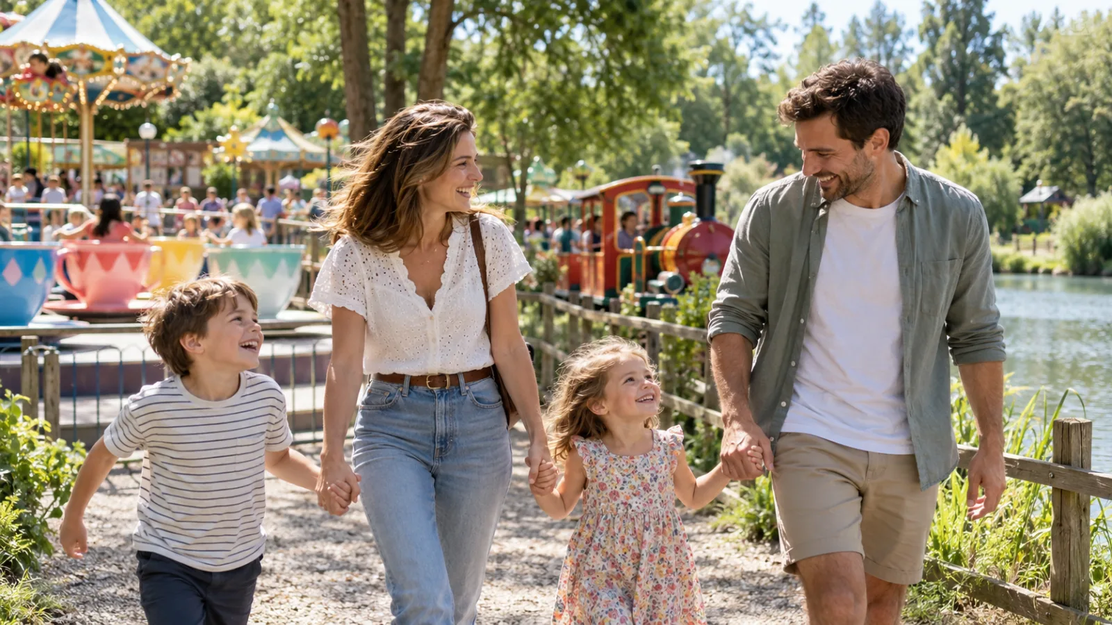 Famille en sortie au parc Fééryland (Tournehem-sur-la-Hem) Famille avec deux enfants en balade dans un parc de loisirs familial verdoyant du Pas-de-Calais, manèges et étang en arrière-plan
