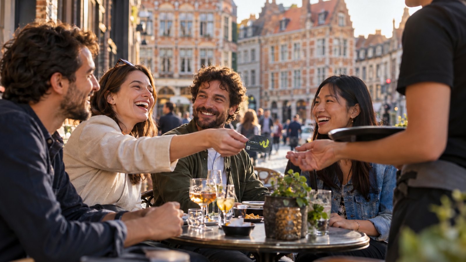 Salariés en terrasse dans le Vieux-Lille réglant avec la Carte Ma W