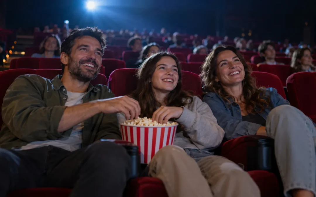Famille souriante partageant du pop-corn dans une salle de cinéma