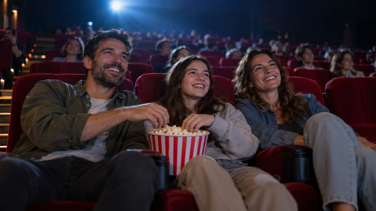 Cinéma Kinepolis moins cher avec le CSE – KinéTicket Wengel Famille souriante partageant du pop-corn dans une salle de cinéma