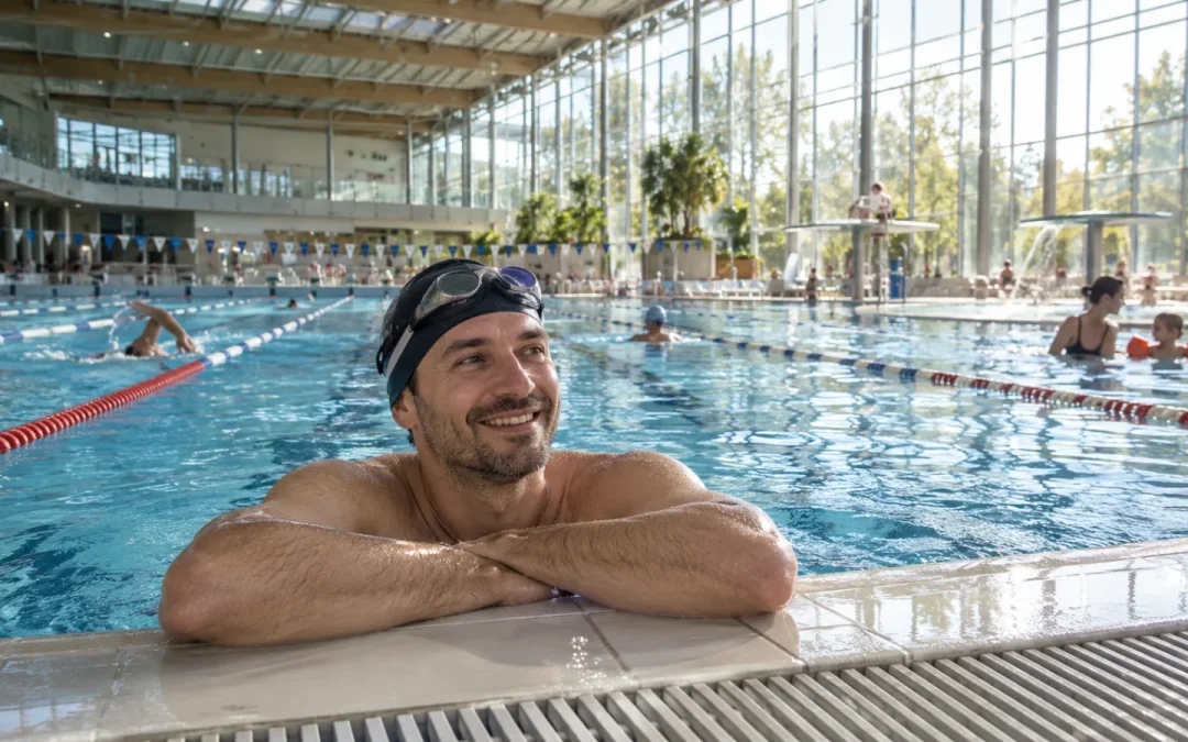 Salarié souriant au bord d'une piscine olympique couverte, nageurs dans les couloirs