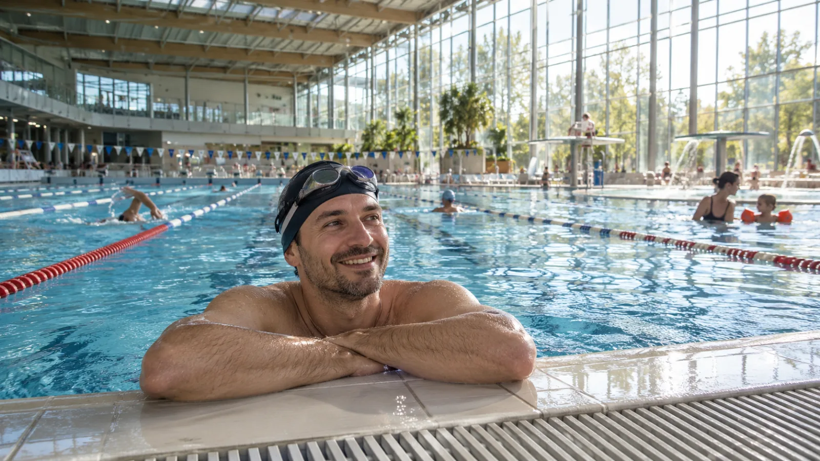 Piscine olympique couverte – tarif réduit CSE Coliseum Amiens Salarié souriant au bord d'une piscine olympique couverte, nageurs dans les couloirs