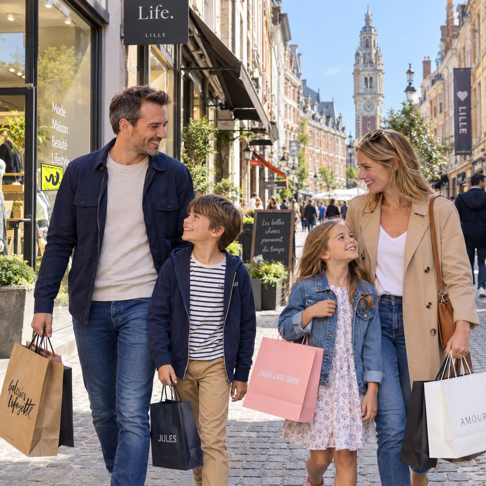 Famille faisant ses achats dans les commerces locaux