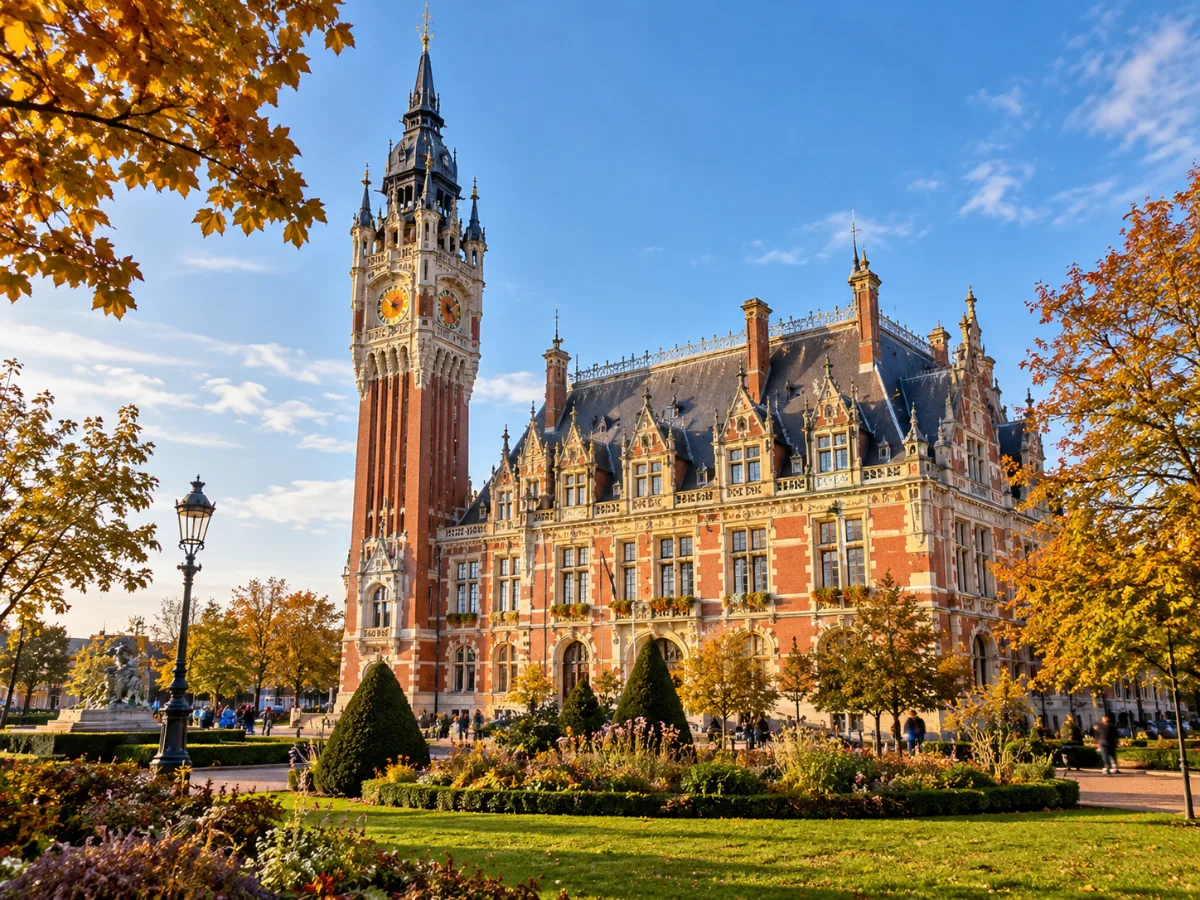 Hôtel de ville de Calais et son beffroi en briques rouges